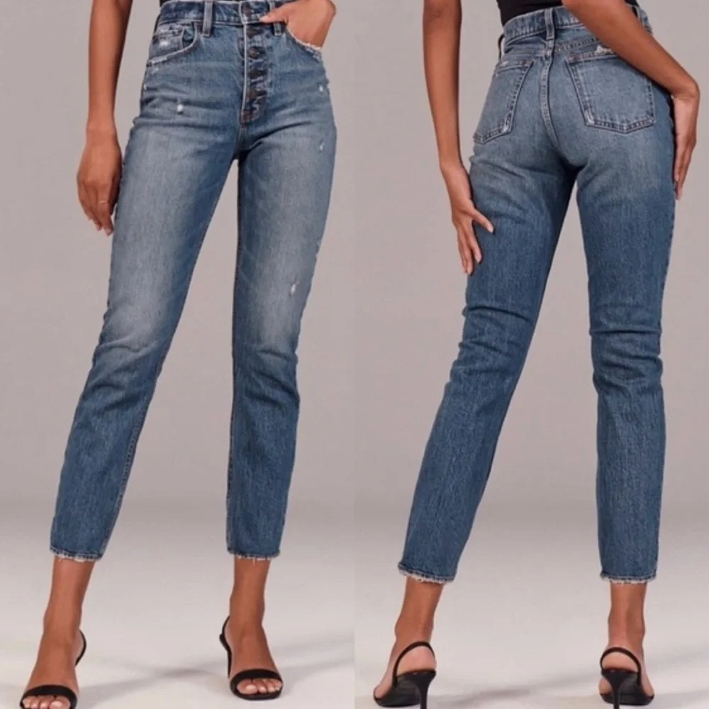 Abercrombie & Fitch High Rise Button Fly Mom Jean distressed medium wash 27 4R - Picture 1 of 10